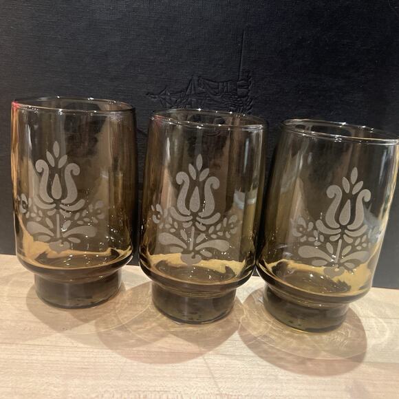 12 Pfaltzgraff Village 4.75" Etched Brown Smoke Libbey Glass 12 oz Tumblers NOS! - Picture 5 of 9